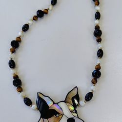 Lee Sands hand made French Bulldog beaded necklace. Bulldog pendan