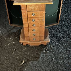 Large Vintage Oak Wood Jewelry Box Armoire Chest 