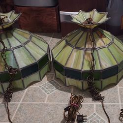 Set Of 2 Beautiful Vintage Stained Glass Chandeliers Both In Good Shape ( 16 Wx 11 Height & 10" Foot Chain With Plug 🔌) 100.00 Each 