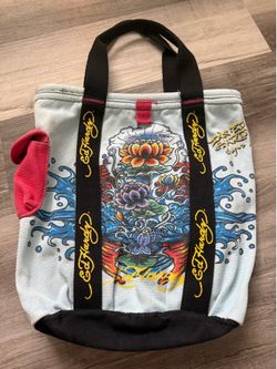Ed Hardy colorful koi and Lotus Graphic Print Canvas Tote Bag