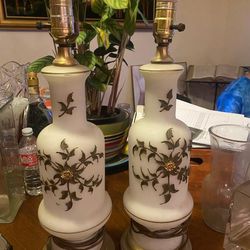 Vintage Frosted Glass Lamps With Raised Gilt Flower Motif