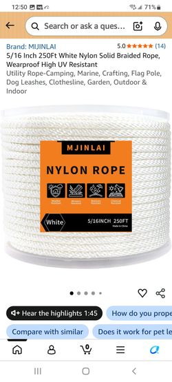 MJINLAI White Nylon Braided Rope 5/16in 250ft