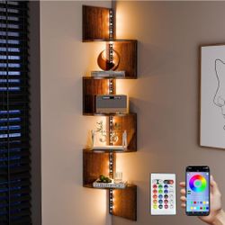 Rustic Brown Corner Shelf Wall Mounted with Lights 5-Tier Floating Shelves