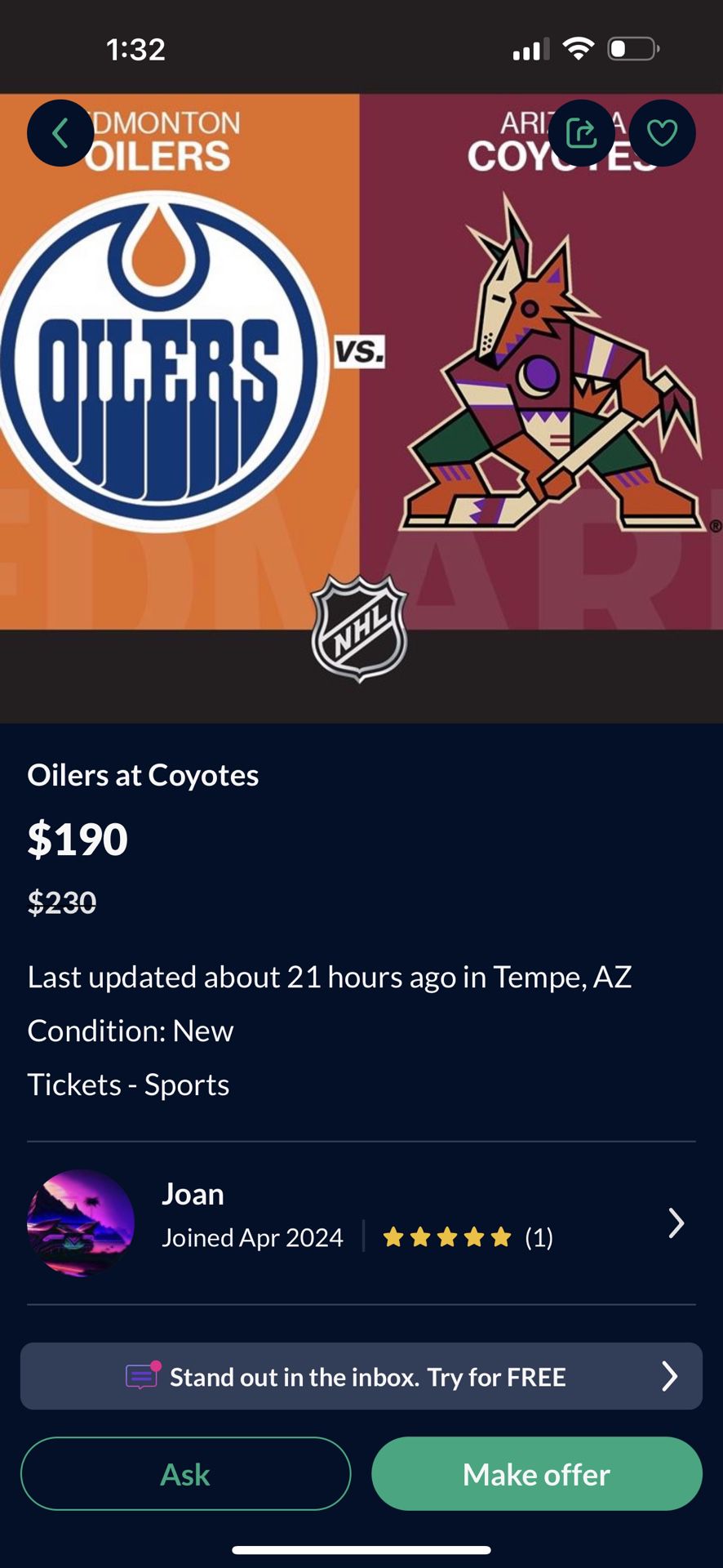 Oilers Vs Coyotes.  NHL 