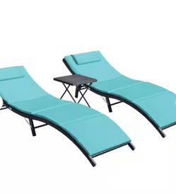 Tozey 3-Pieces Steel Frame Poolside Folding Height Adjustable Wicker Outdoor Lounge Chair with Blue Cushion (Set of 2)