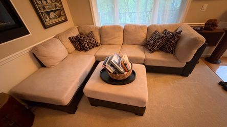 Cream Microfiber & PU Leather Sectional + Ottoman – Excellent Condition