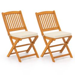 NEW Acacia Wood Chairs w/Beige Cushions - Folding, Set of 2