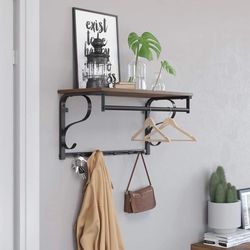 5-Hook Coat Rack Wall Mount, Wall Hooks with Shelf, Rustic Brown and Black