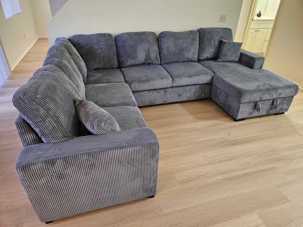 Brand New Sectional Corduroy Fabric Grey With Pull Out Bed $799