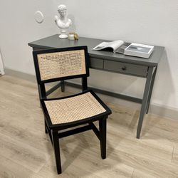 Magnolia Style Farmhouse Desk and Cane Back Rattan Boho Scandinavian Chair Set
