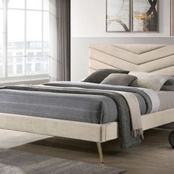 Brand New Beige Mid Century Modern Style Queen Bed Frame (Available In California & Eastern King)