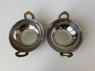 Set of 2 Vintage Copper & Stainless Steel Karahi Bowls with Brass Handles