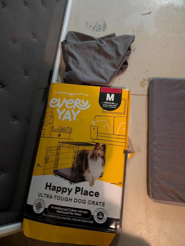Medium Size Dog Crate With Bed For Inside Crate And A Cover For The Crate.