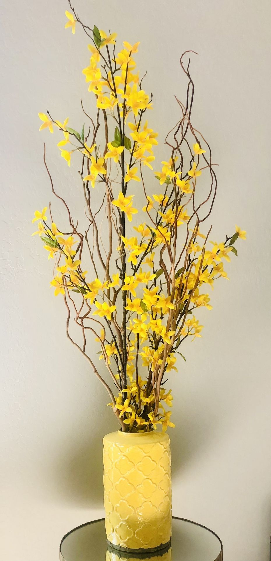 Beautiful Large Ceramic Vase with Forsythia Flowers.