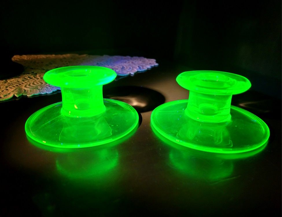 Vintage Green Uranium Glass Vaseline Depression Candlestick Holder Set