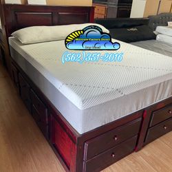 Queen Storage Bed Frame Real Wood With Drawer Cherry Style 