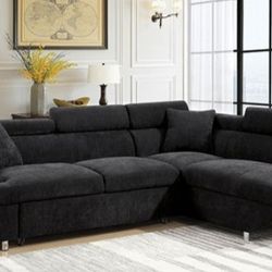 Brand New Black Sectional Sofa Converts Into Bed With Adjustable Headrest