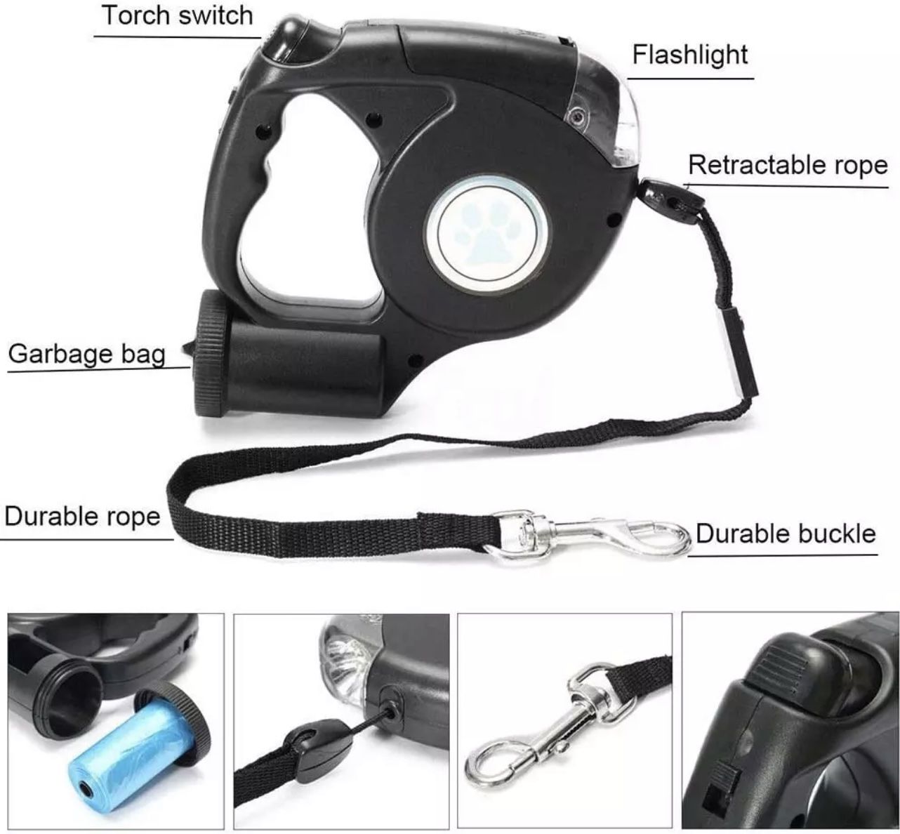 Brand New Retractable Dog Leash With Built In Bag Dispenser And Built In Led Light