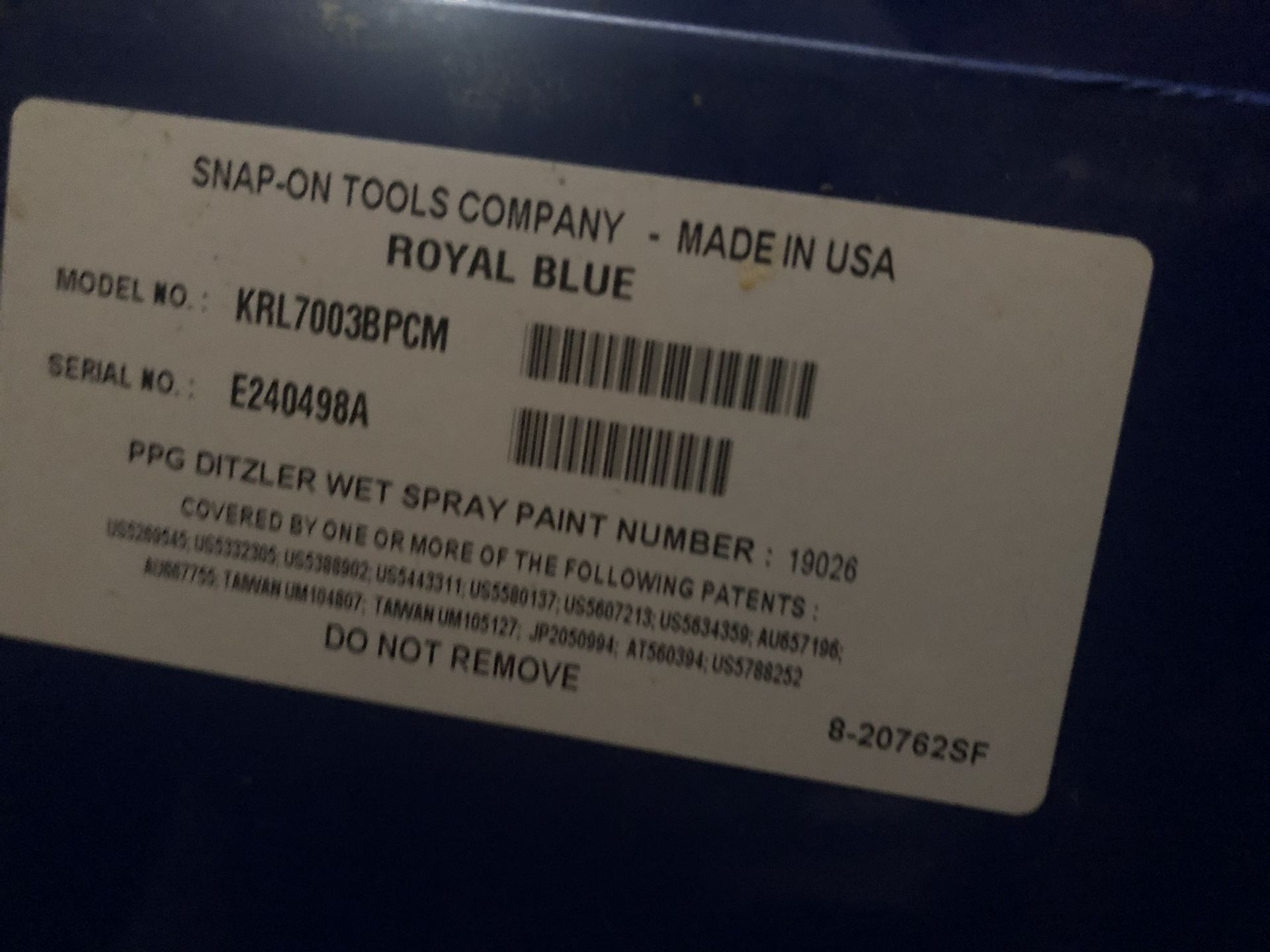 Snapon tool box, Royal Blue, 72" 20Drawer TripleBank, Masters Series