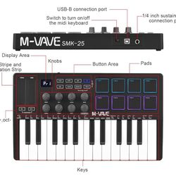 Midi Keyboard - 25 Key Midi  Keyboard MIDI Controller With 25 Velocity Sensitive Keys, 8 RGB Backlit Pads, 8 Knobs