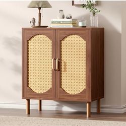 Walnut Rattan Cabinet with Double Doors