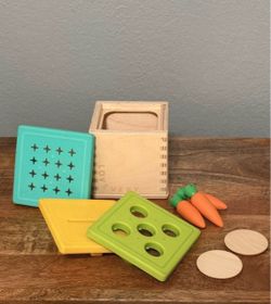 Lovevery Wooden Coin Bank with two lids and accessories