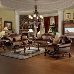 Sofa And Loveseat Dresden Brown Leatherette, Chenille And Cherry Oak Finish. Solod Wood Frame, Others. Nailhead Trim Accent. New Especial Price 