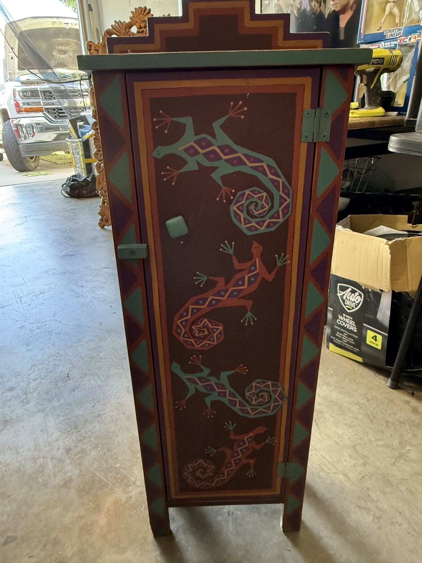 Signed Hand-Painted Wooden Cabinet (1997) – Rustic Southwestern Style 🦎