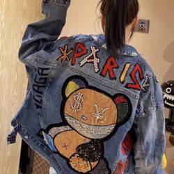 Denim Jacket Hot Sale Diamond Sequins Heavy Bear Long-sleeve