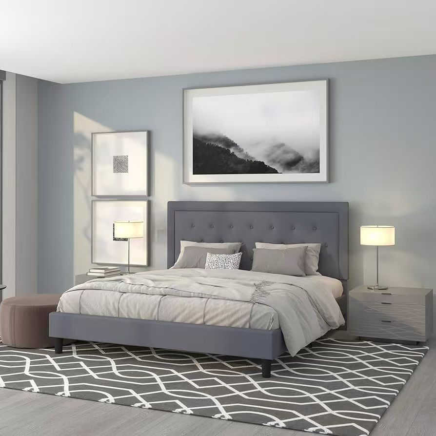 Roxbury bed base with light gray fabric upholstery and capitoné design, King size$140