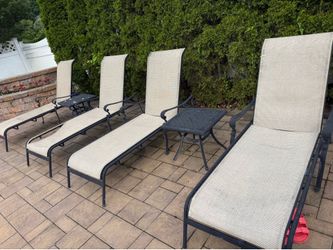 Sling back lounge chairs and end tables