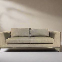 Halston Home Contemporary Sofa – 84” Tan Linen Fabric, Deep Cushions, Steel Base, Modern Couch