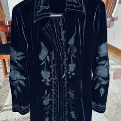 Brand new Women Velvet Jacket  Medium Size . Color : Black  with beautiful embroidered  pictures. 36 inch long. Original    price $120 We can accept  