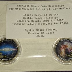 Set of two colorized Kennedy half-dollar coins from the American Space Coin Collection. 
Commemorative Subject: The coins feature colorized images cap