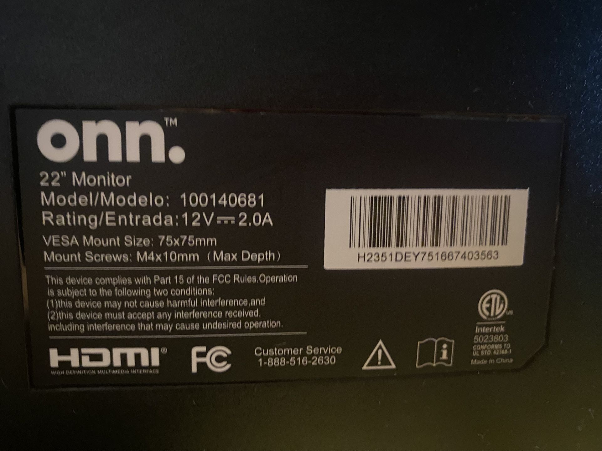 onn 22 FHD (1920 x 1080p) 60hz Office Monitor with 4.8 ft power cord