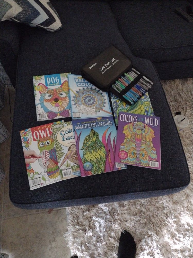Set Of Seven Coloring Books Brand New And Glitter Pens
