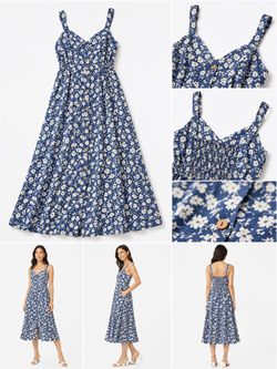 Blue Floral Midi Sundress with Buttons
