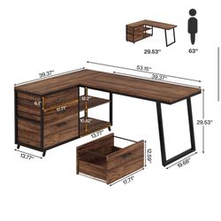L Shaped corner desk with 2 drawers and shelves 