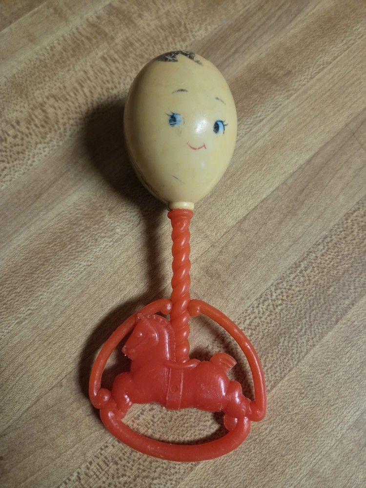 Vintage Plastic Baby Rattle with Red Rocking Horse - Retro Toy Collectible