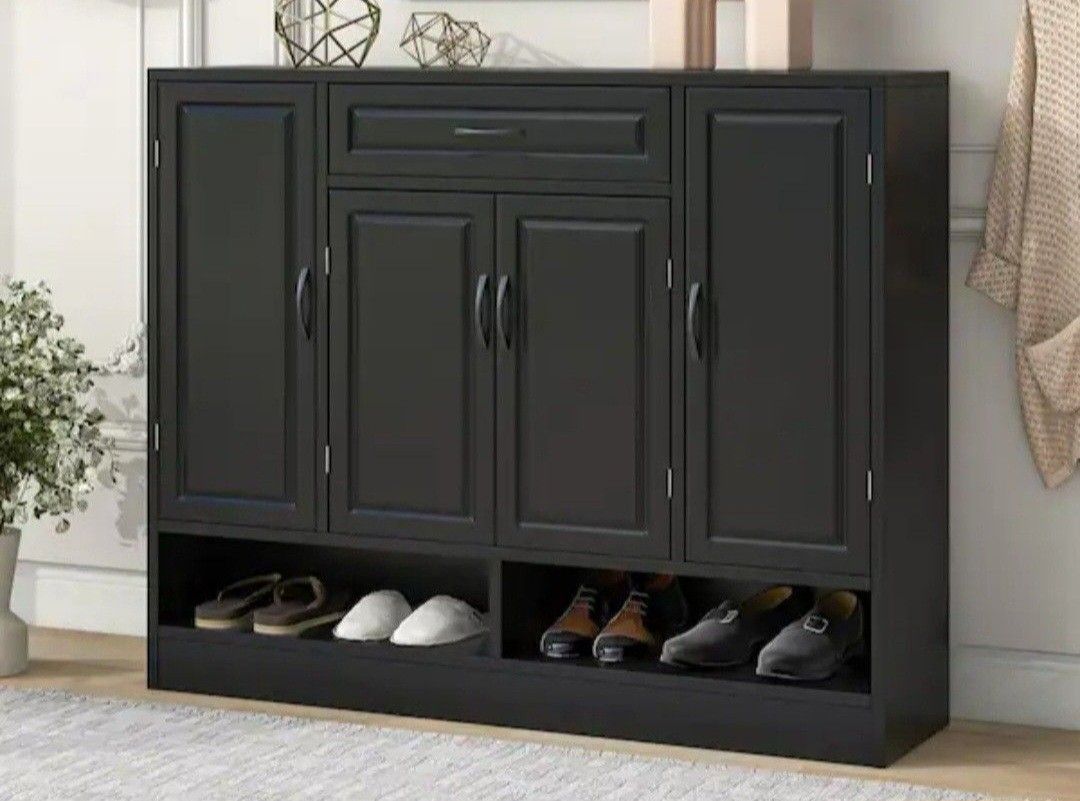 47.2 in. H x 39.4 in. W Black Wood 4-Door Shoe Storage Cabinet with Drawer and Open Shelf, Shoe Cabinet for Entryway