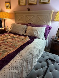 and new Costco mattress White Wood Bed Frame with Headboard and new Costco mattress