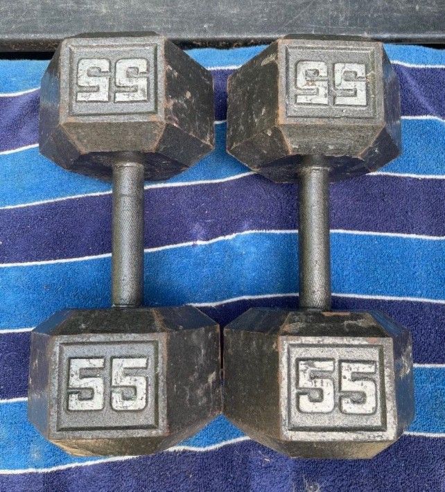 PAIR OF 55 LB. STEEL HEX DUMBBELLS