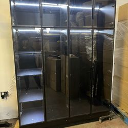 Wardrobe Cabinet with LED Light Strips, Modern Armoire Closet with Glass Doors, 59.1" W Large Bedroom Armoire Clothes Organizer with Shelve & Hanging 