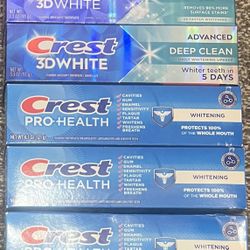 Set of 5 Crest Whitening Toothpaste - (2) 3D White Deep Clean 3.3 oz + (3) ProHealth 4.3 oz. Retails for more than $20 plus tax. Price is firm.   (4) 