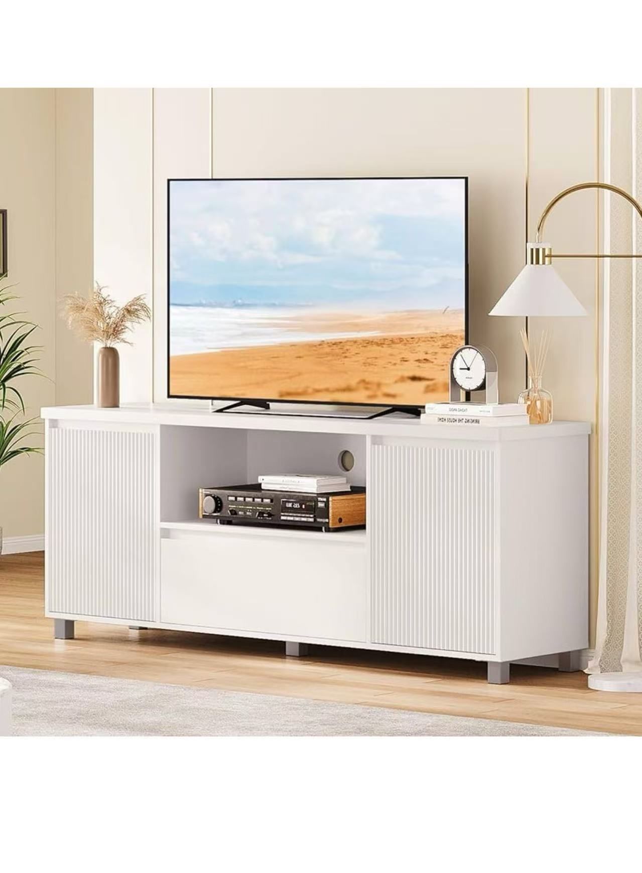 Fluted TV Stand, White Entertainment Center for 60/65/70 Inch TVs,