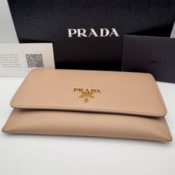 Prada Saffiano Nude Beige Leather Wallet with Gold Logo & Cardholder Insert