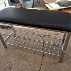 Leatherette Entryway Bench with Two Metal Shoe Racks (Black/Black)
