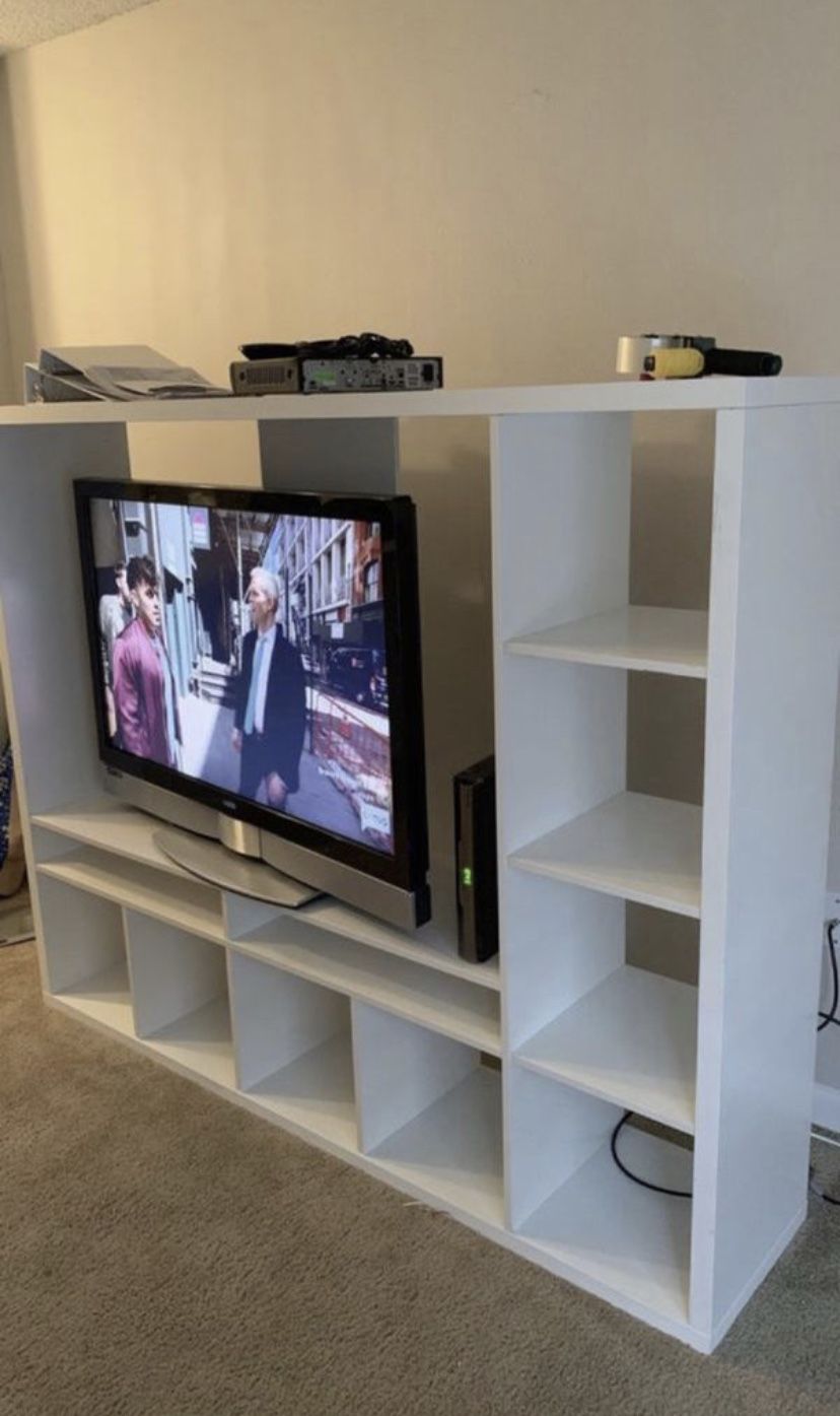 TV stand and bookshelves