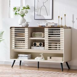 Entryway Table with Sliding Slatted Door, 46" Mid Century Modern Wood Console Table w/Adjustable & Open Storage Shelf, Sofa Table Behind Couch for Hal