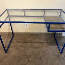 NEW💥Tempered Glass Top DESK, Blue Metal Legs w/Shelf🔥BIG SALE🔥Everything is 50%OFF 🔥